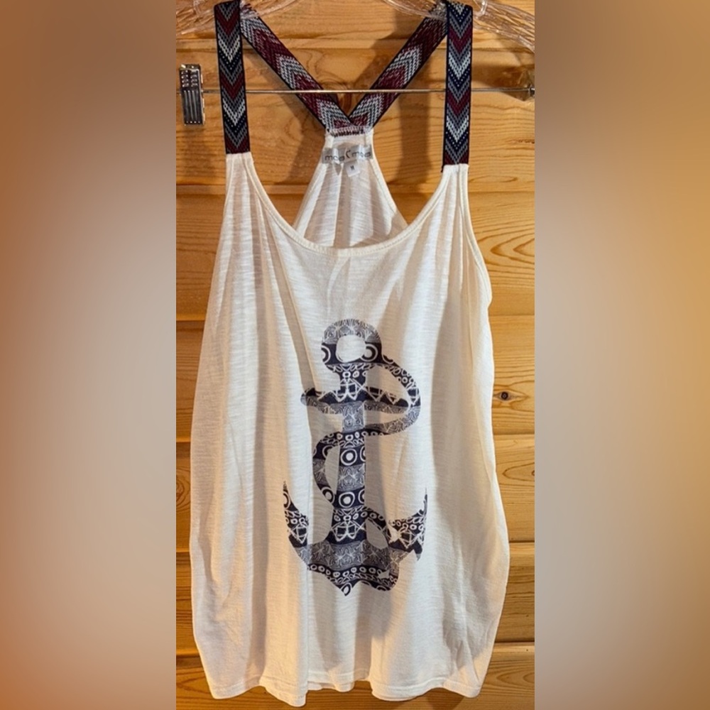 Moa Moa Blue Anchor Print  Cream Tank Top Medium
